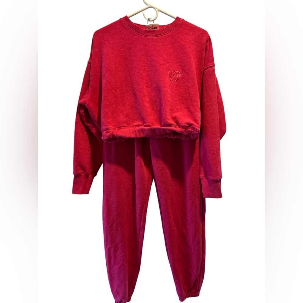 Bo + Tee UK brand hot pink cropped sweatshirt matching sweatpants thick set